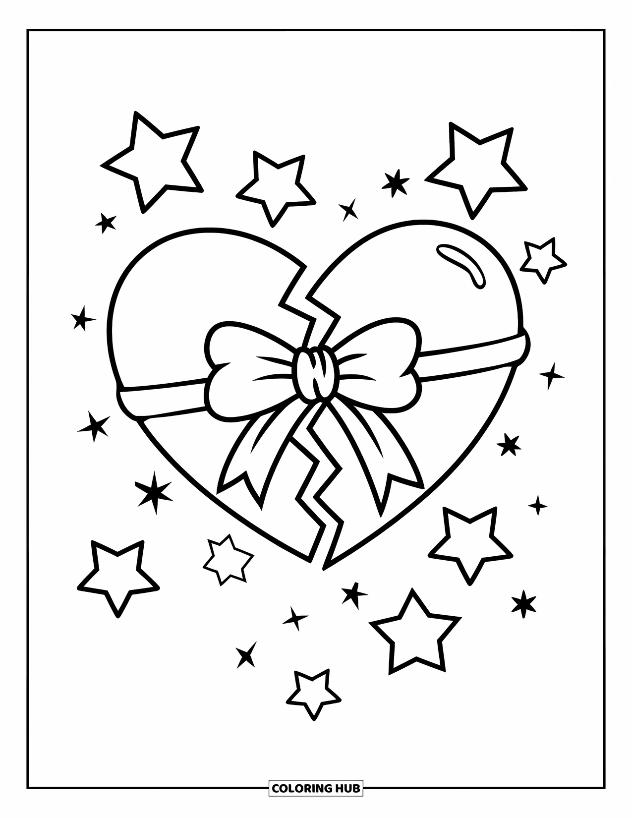 Broken Heart Coloring Page for Kids: A cracked heart tied with a bow floats among stars
