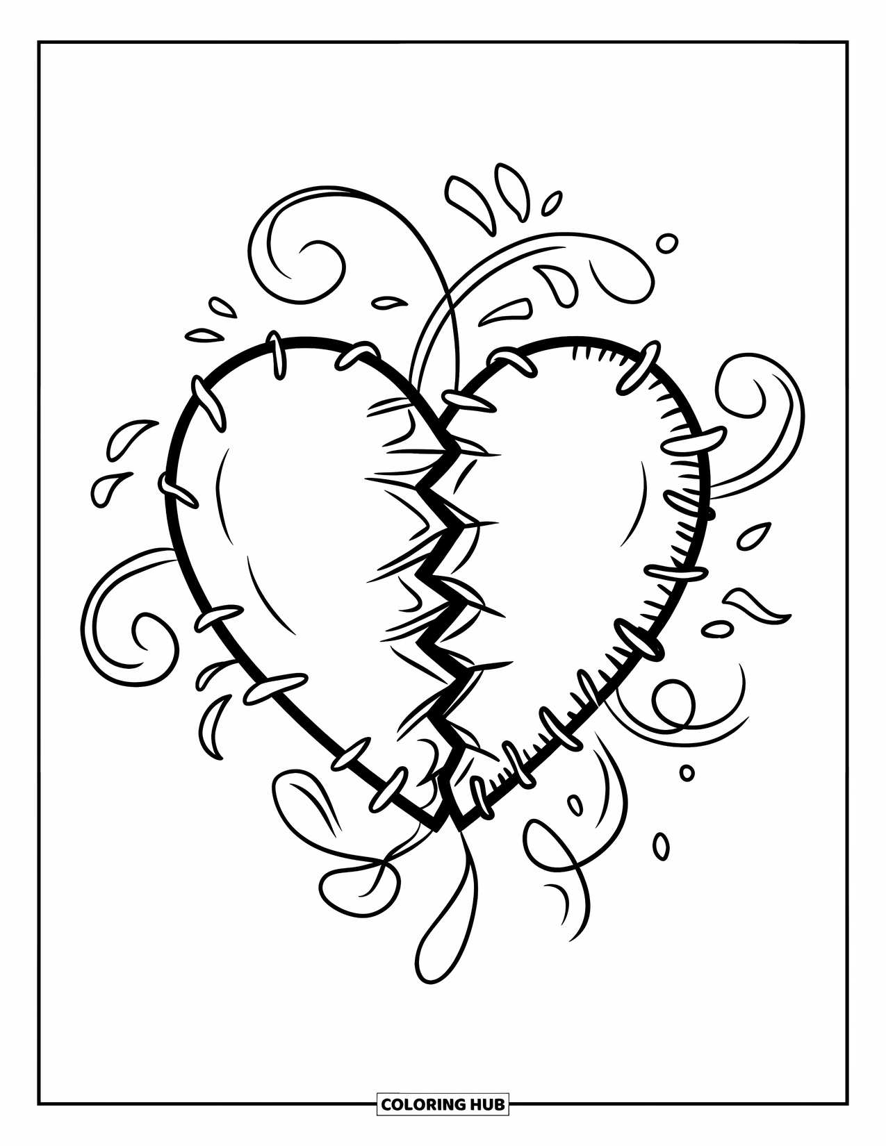 Broken Heart Coloring Page for Kids: A heart held by thread is surrounded by decorative swirls and patterns