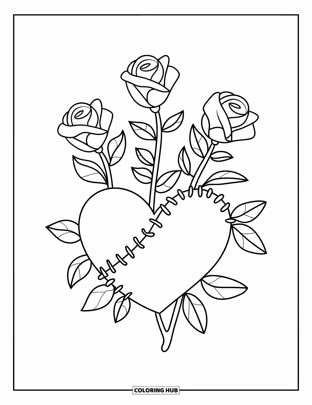 Broken Heart Coloring Page for Kids: A heart stitched with lace has roses and thorny stems growing out
