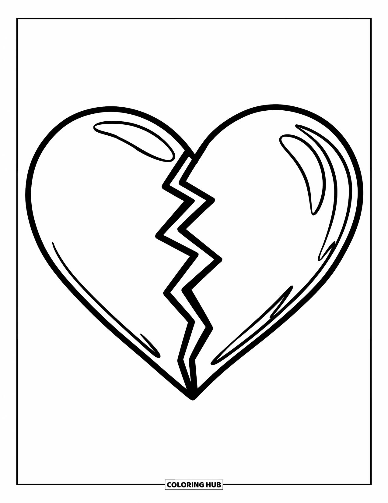 Broken Heart Coloring Page for Kids: A heart with a clean crack floats calmly on its own