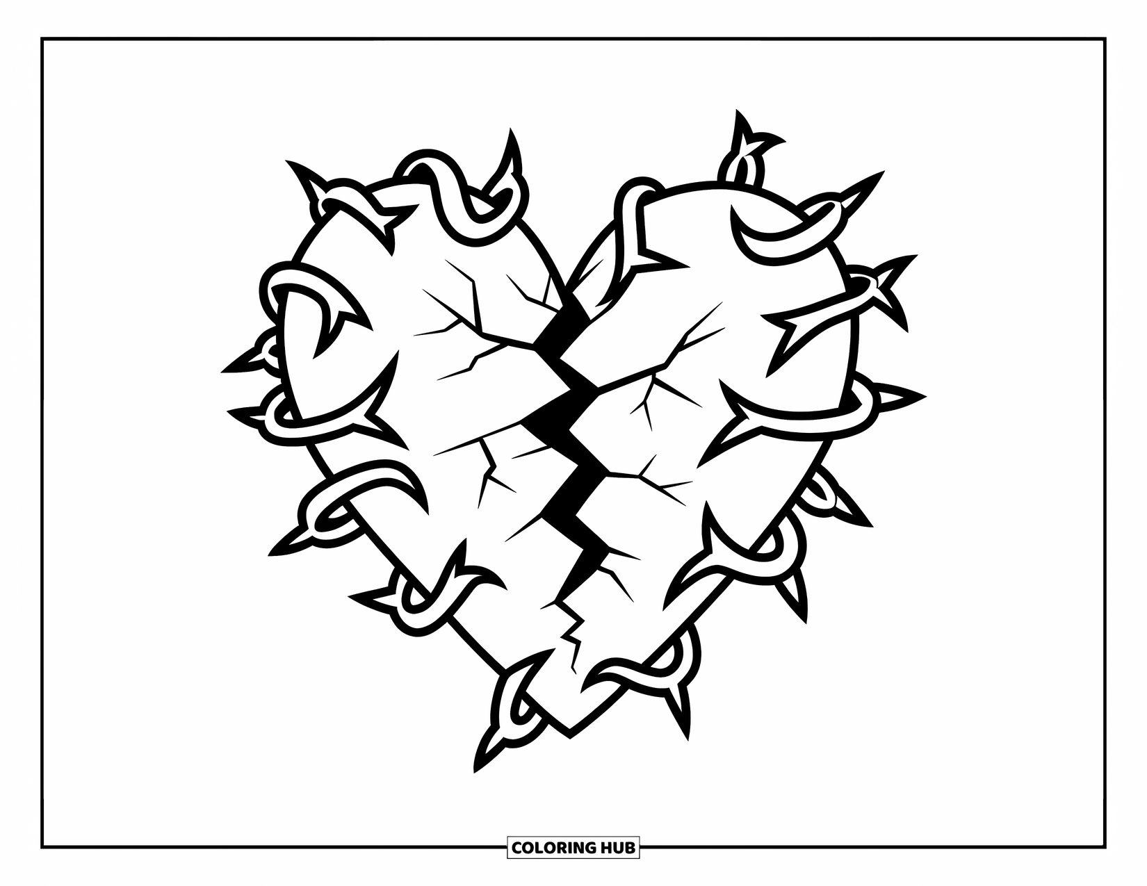 Broken Heart Coloring Page for Kids: A heart with cracks is wrapped in twisting, thorny vines