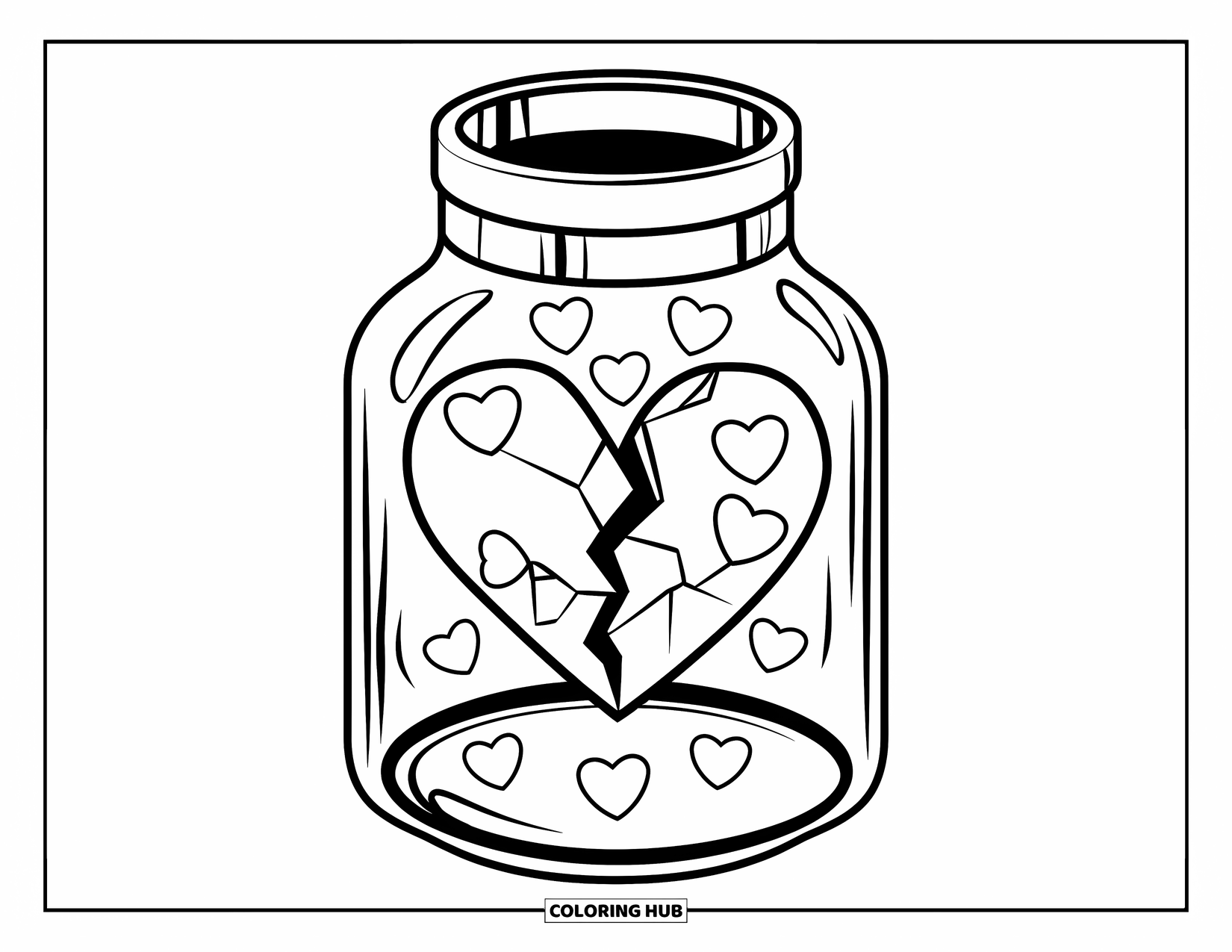Broken Heart Coloring Page for Kids: A heart with cracks sits in a jar full of floating little hearts