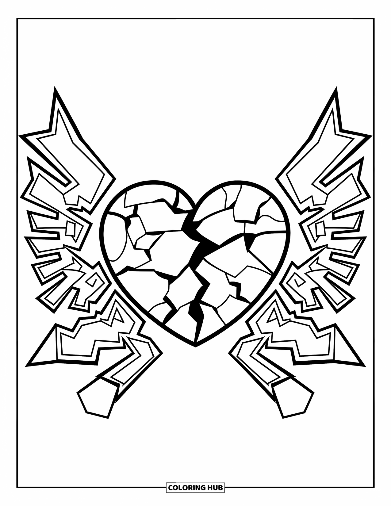 Broken Heart Coloring Page for Kids: A heart with wings stretches out from both sides with bold lines