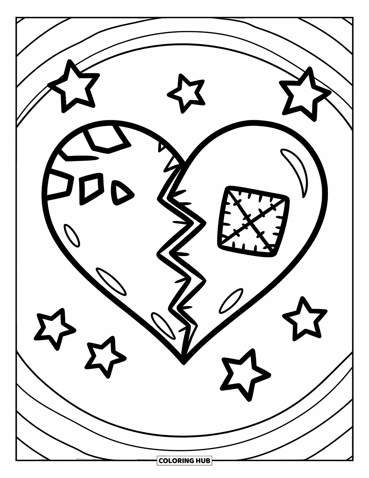 Broken Heart Coloring Page for Kids: A patched heart with an X-shaped stitch is surrounded by stars in a circle