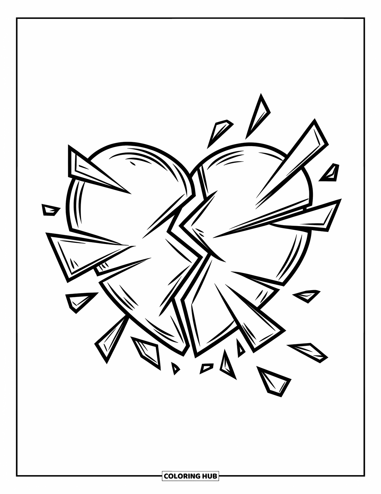Broken Heart Coloring Page for Kids: A shattered heart sends its pieces flying through the air