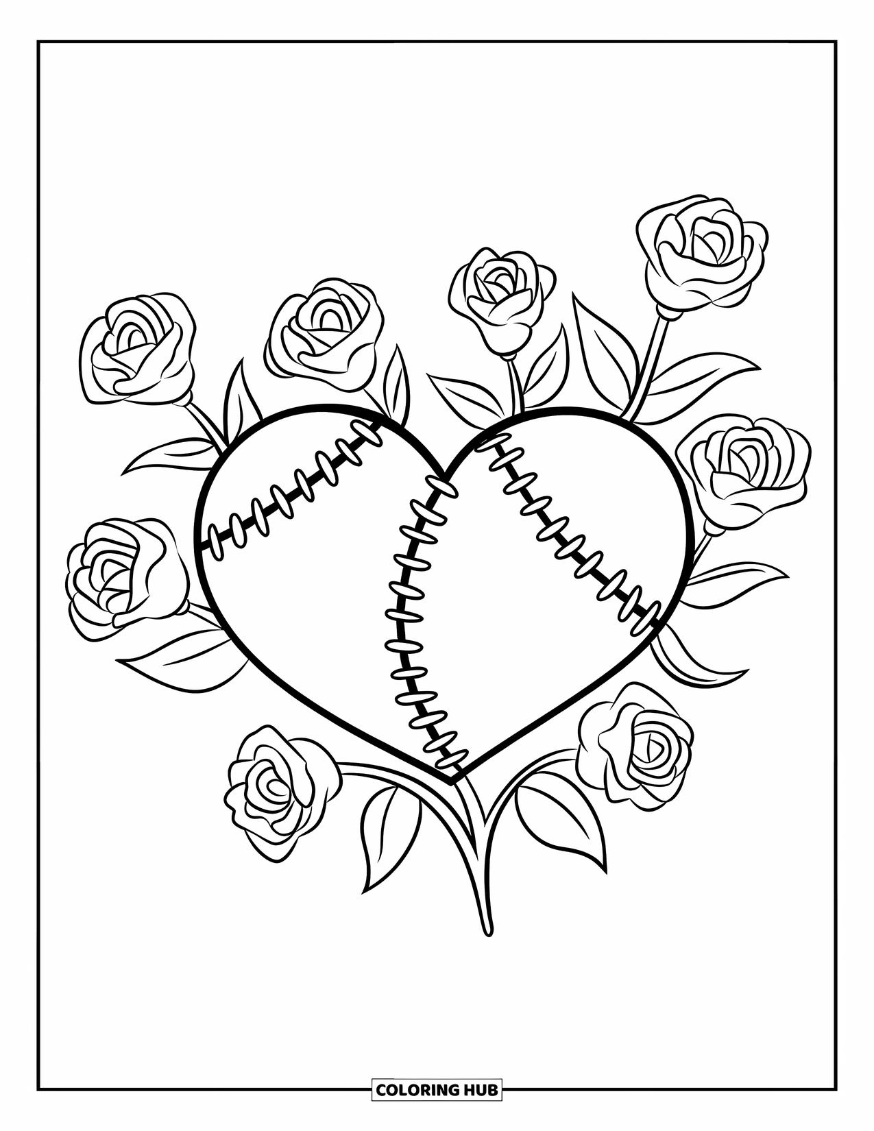 Broken Heart Coloring Page for Kids: A stitched heart blooms with roses growing from every seam