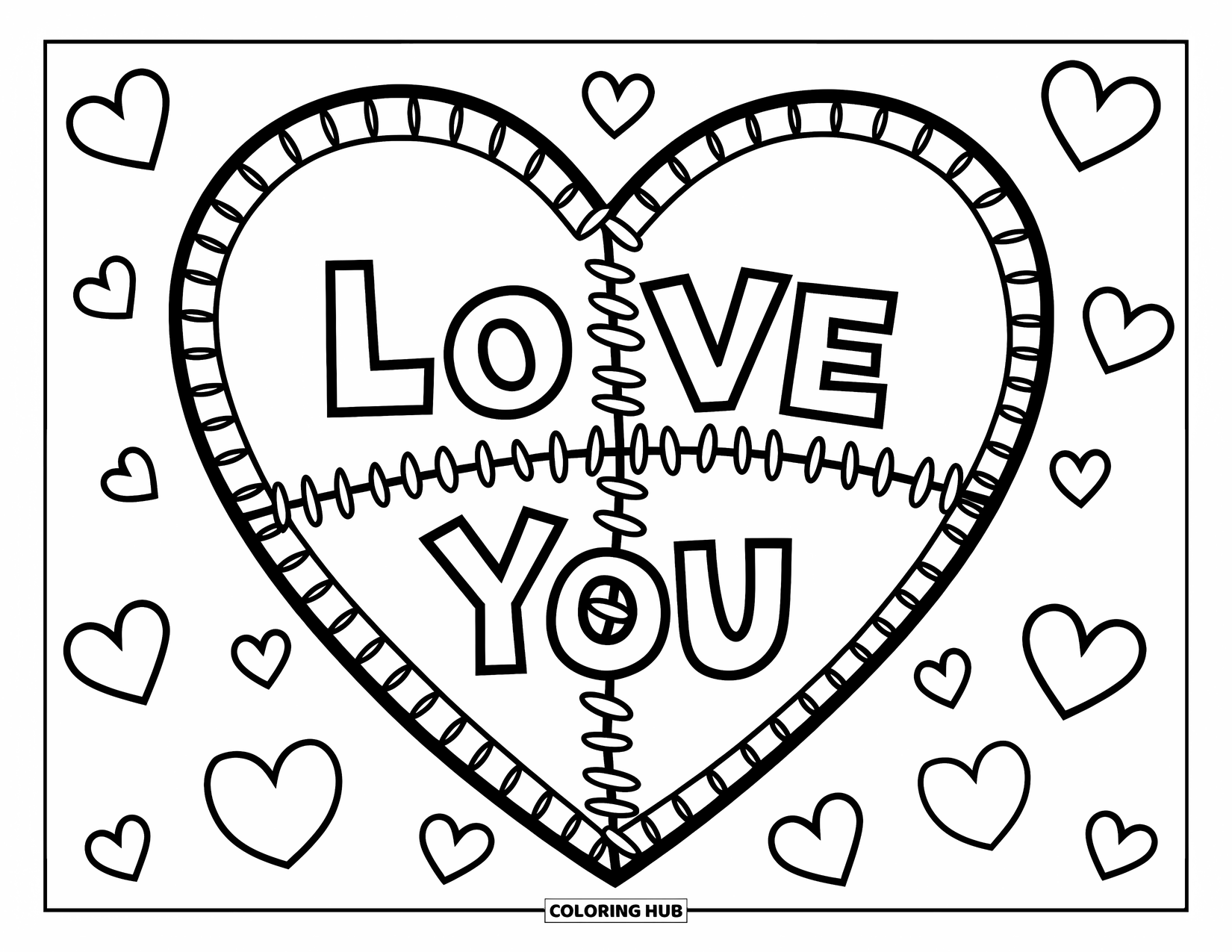 Broken Heart Coloring Page for Kids: A stitched heart floats with little hearts and "Love you" around it