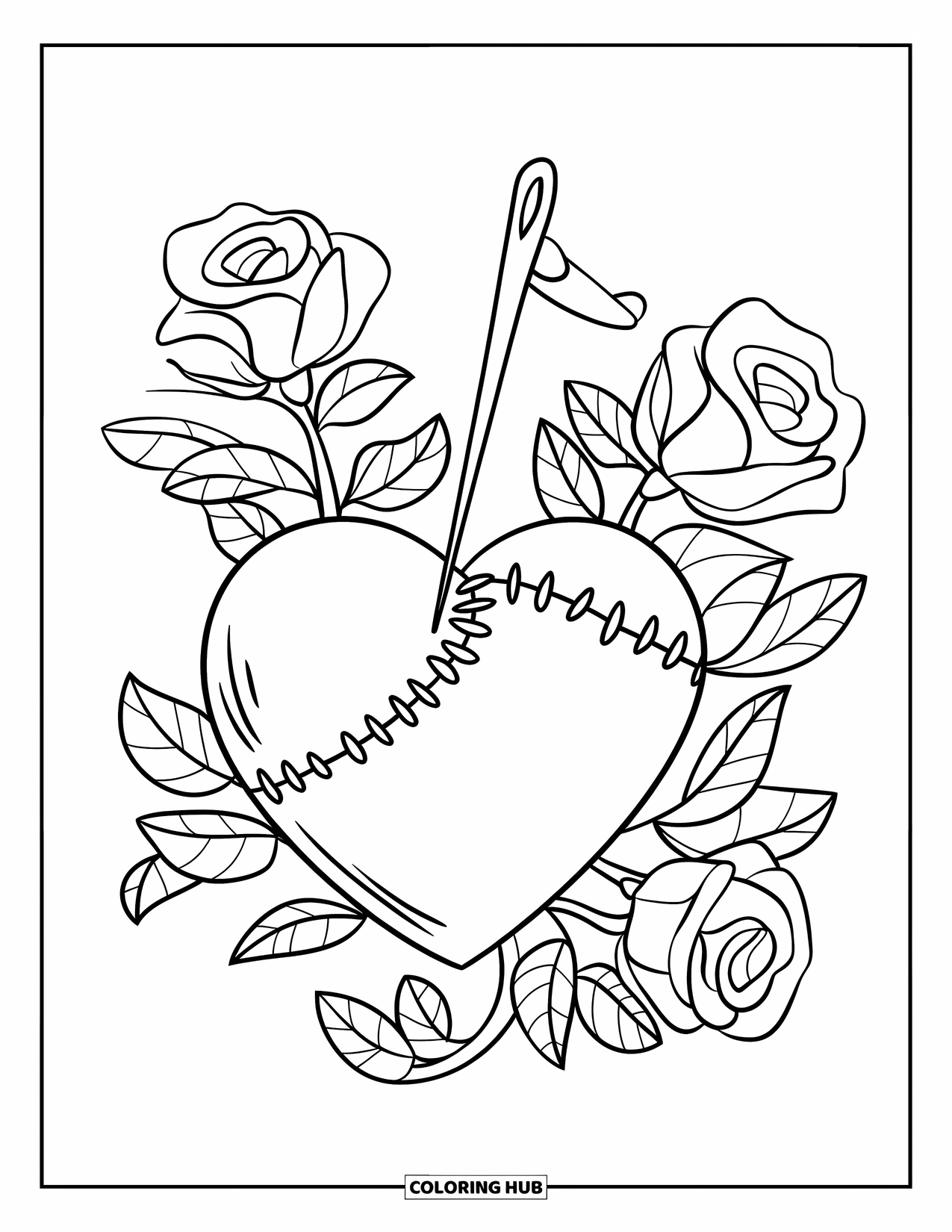 Broken Heart Coloring Page for Kids: A stitched heart with needle and thread grows roses and leaves from its seams