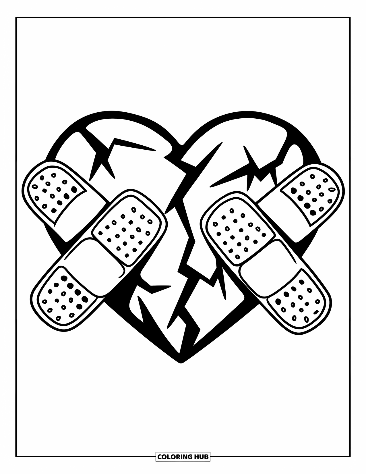 Broken Heart Coloring Page for Kids: Cartoon band-aids try to hold a cracked heart in place