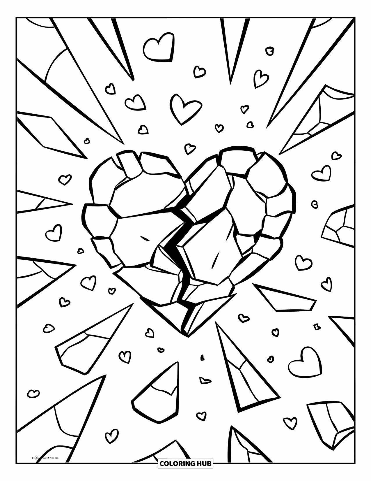 Broken Heart Coloring Page for Kids: Shards fly out from a heart surrounded by heart-shaped confetti