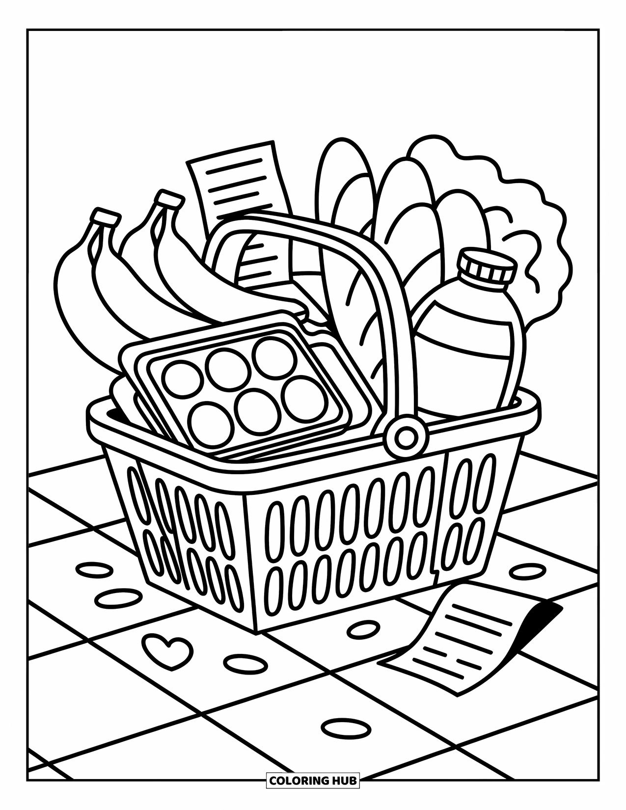 Chicken Nugget Coloring Page for Adults: A cheerful grocery basket with nuggets, bread, and fresh produce