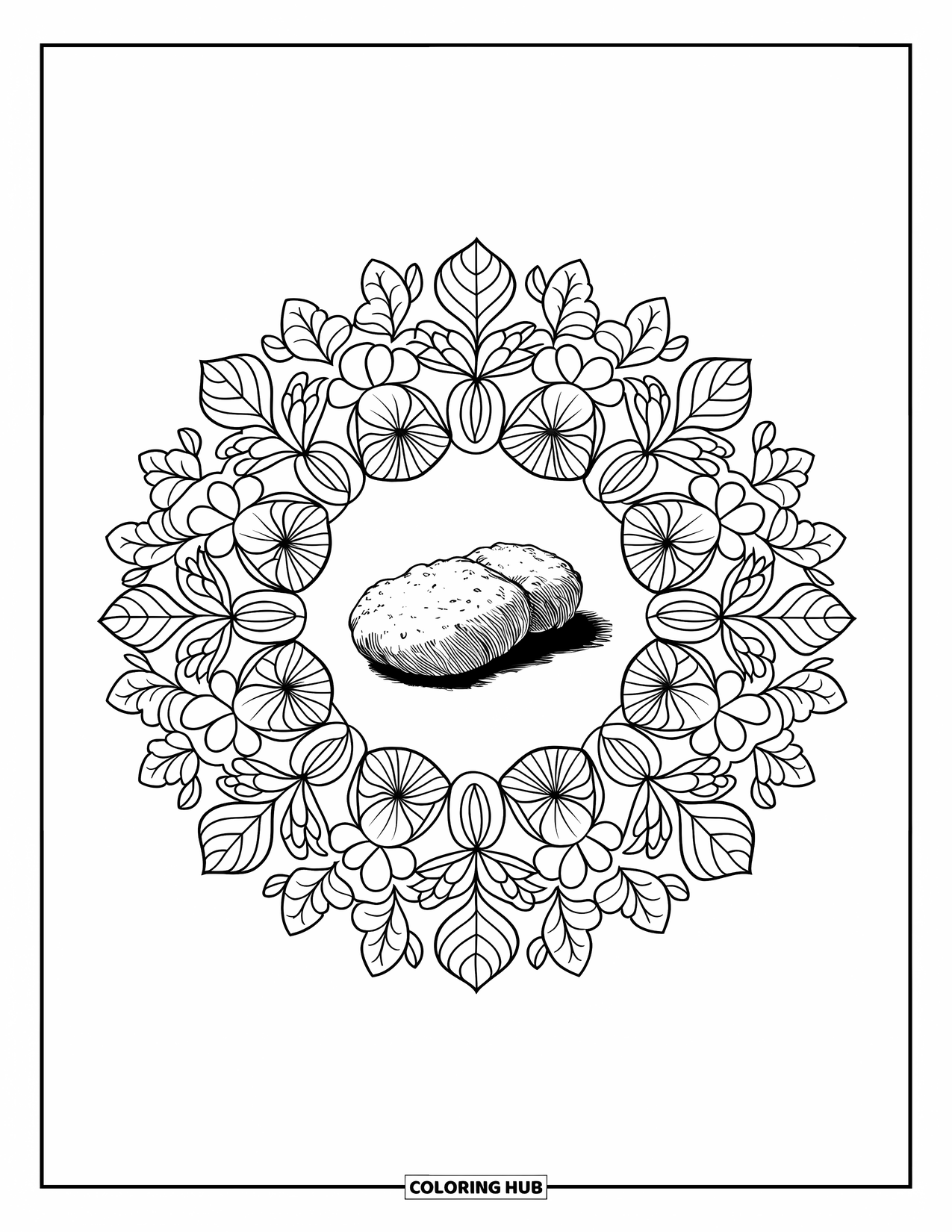 Chicken Nugget Coloring Page for Adults: A chicken nugget surrounded by a detailed botanical mandala design