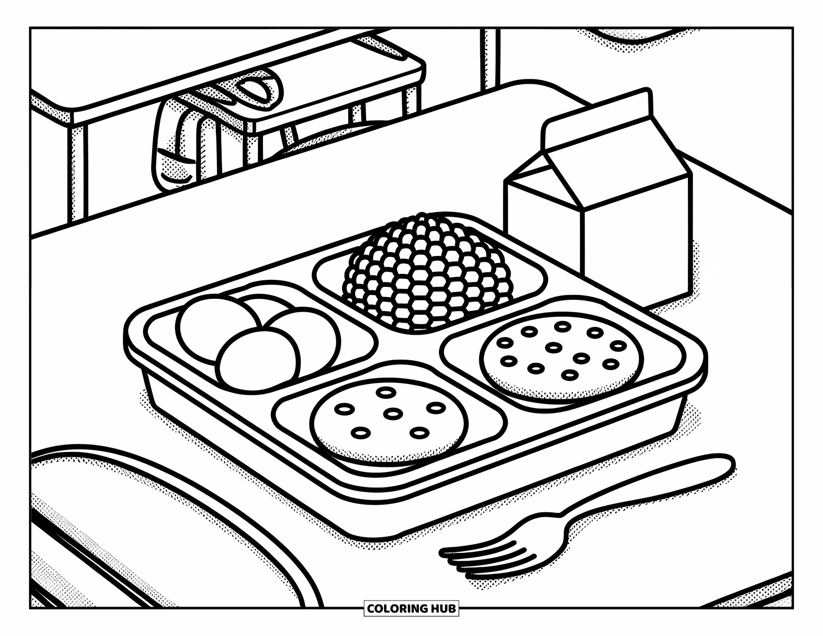 Chicken Nugget Coloring Page for Adults: A cute lunch tray filled with nuggets, fruit cup, and a cookie