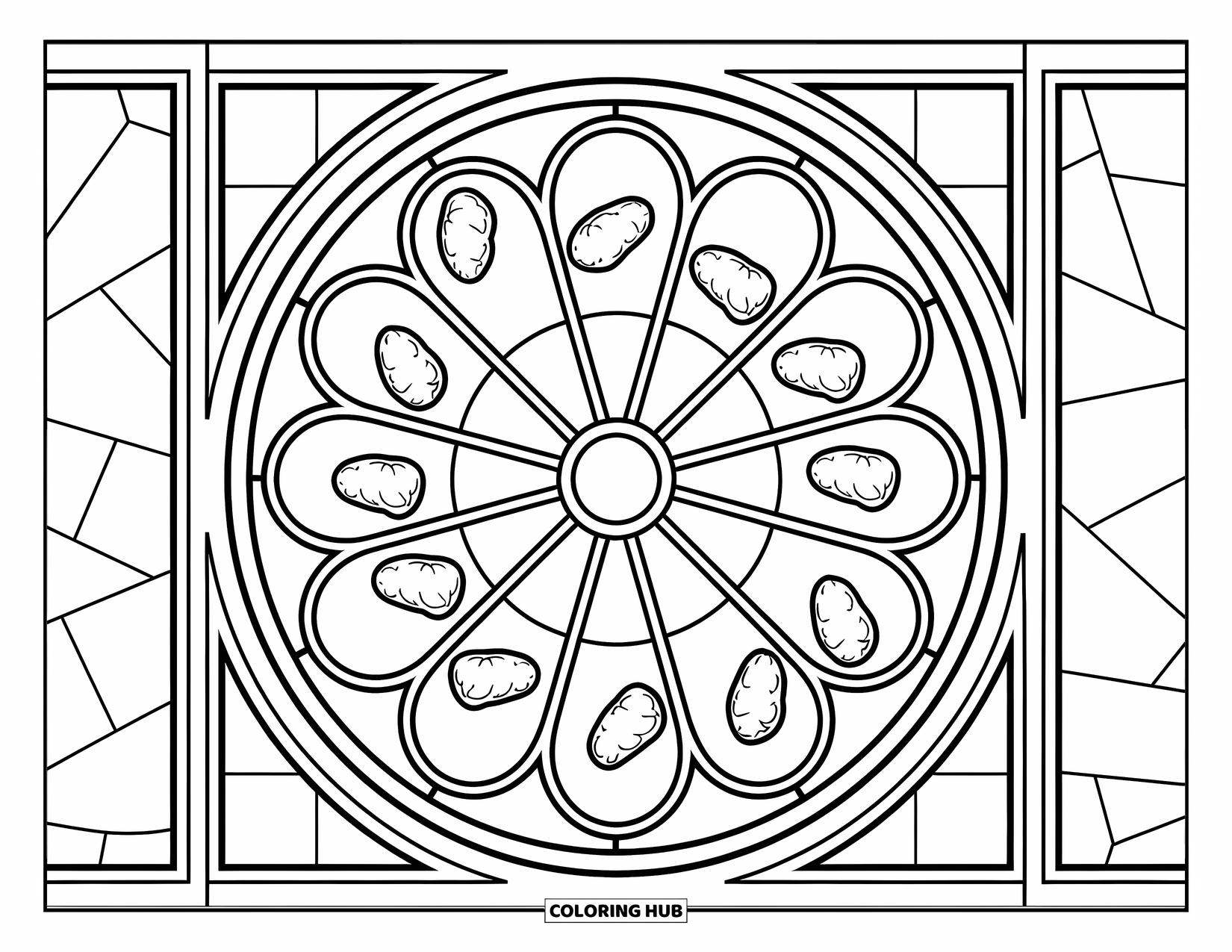 Chicken Nugget Coloring Page for Adults: A rose window made of chicken nuggets with twelve beautiful patterned sections