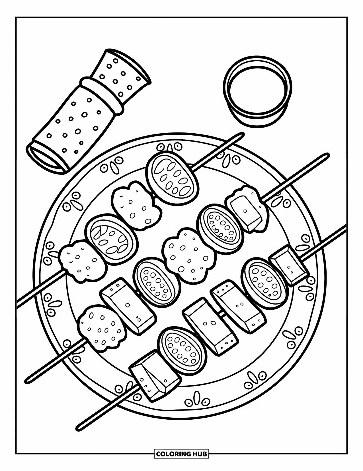 Chicken Nugget Coloring Page for Adults: A round plate with nugget skewers, sauce, and a polka-dot napkin