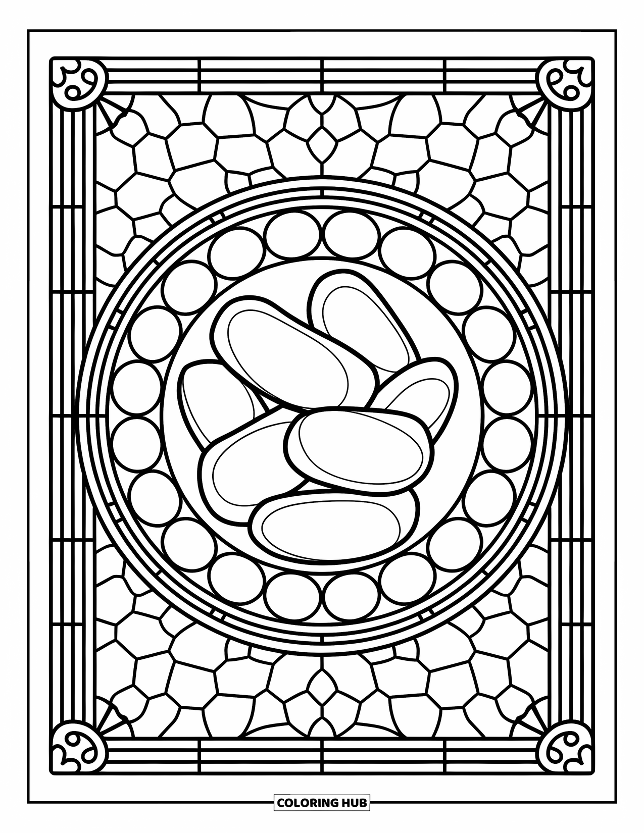 Chicken Nugget Coloring Page for Adults: A stained glass circle of nuggets with intricate, elegant border designs