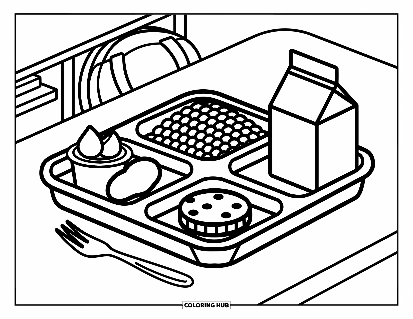 Chicken Nugget Coloring Page for Adults: A warm school tray scene with nuggets, fruit, and a cookie