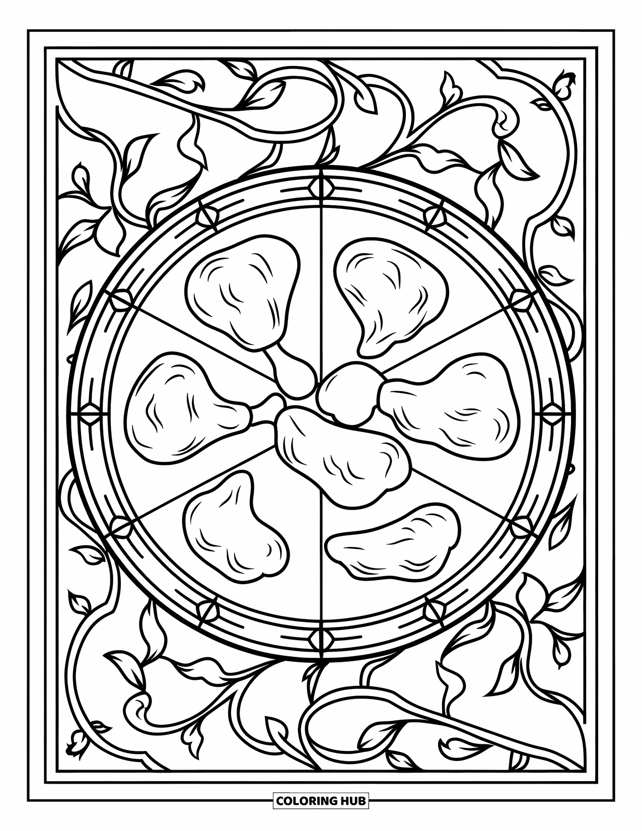 Chicken Nugget Coloring Page for Adults: Nuggets arranged in a circular stained glass design with leafy borders