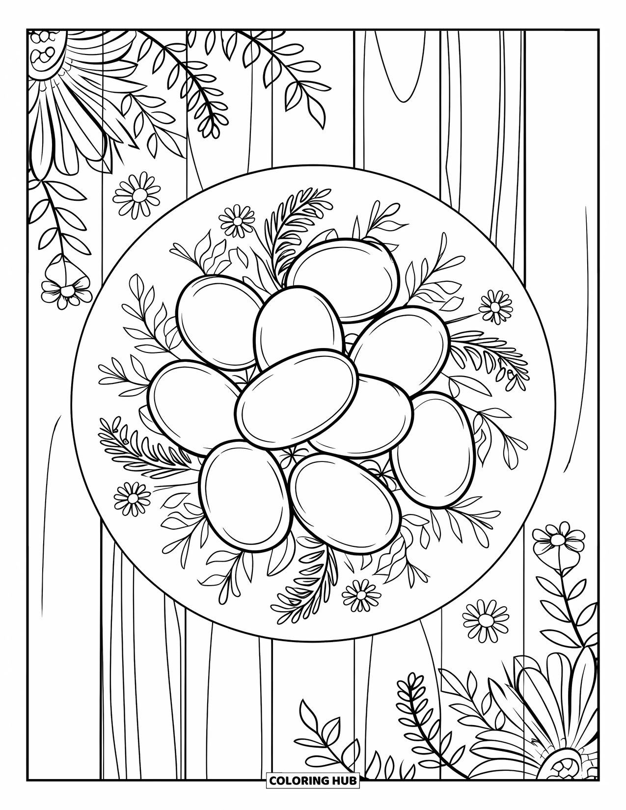 Chicken Nugget Coloring Page for Adults: Nuggets on a plate surrounded by flowers and leafy mandala designs