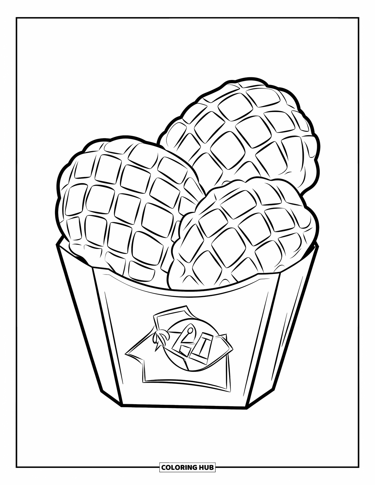 Chicken Nugget Coloring Page for Kids: A box of nuggets with fun markings and simple, clean outlines