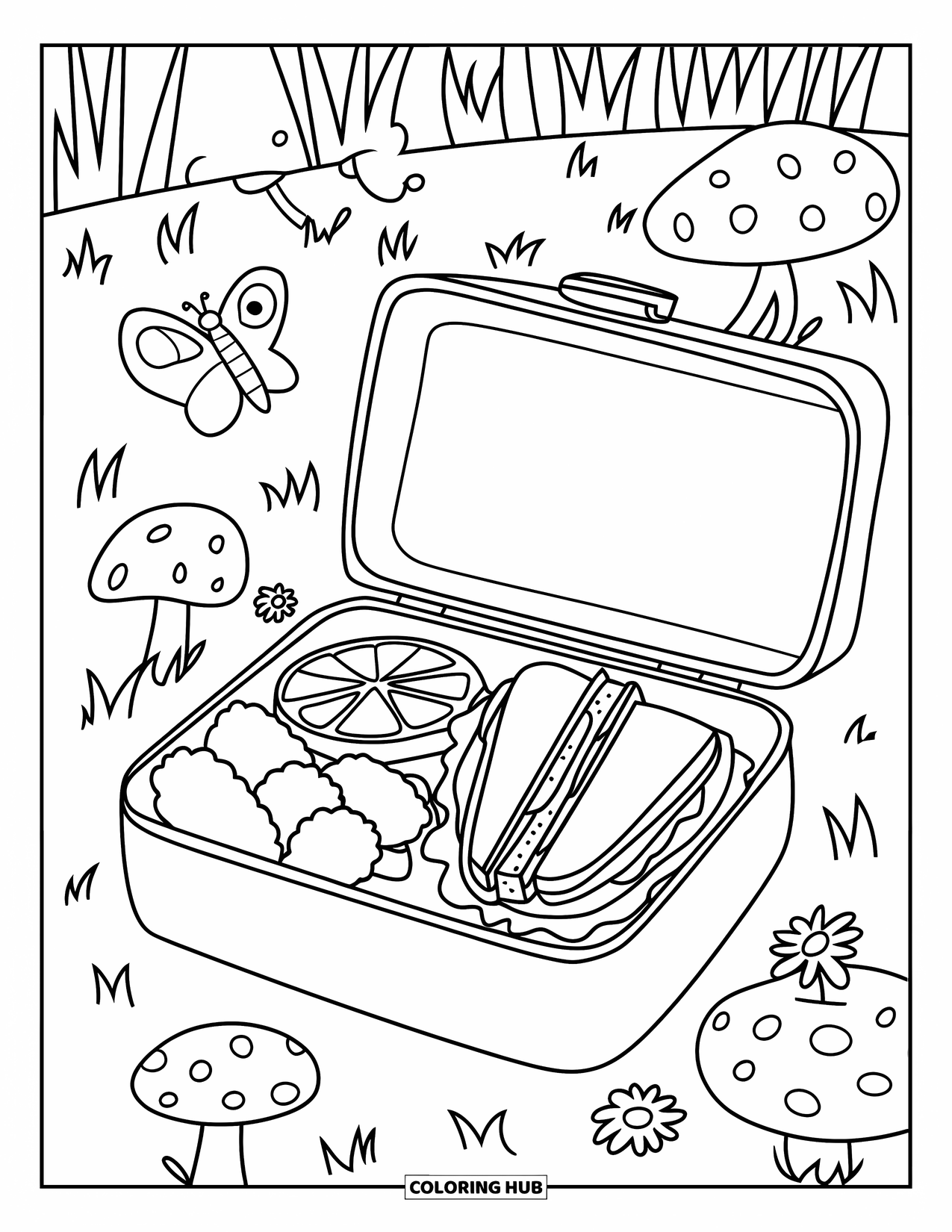 Chicken Nugget Coloring Page for Kids: A bright lunchbox of nuggets, fruit, and sandwiches in a grassy field