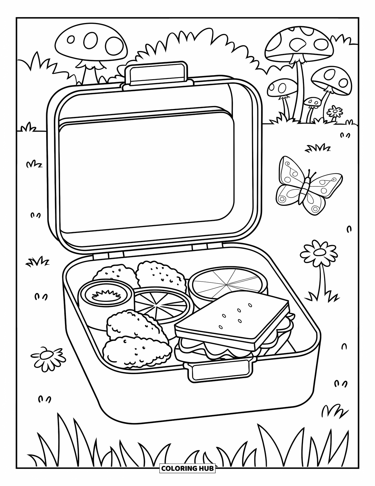 Chicken Nugget Coloring Page for Kids: A cheerful lunchbox with nuggets, fruit, and flowers around it