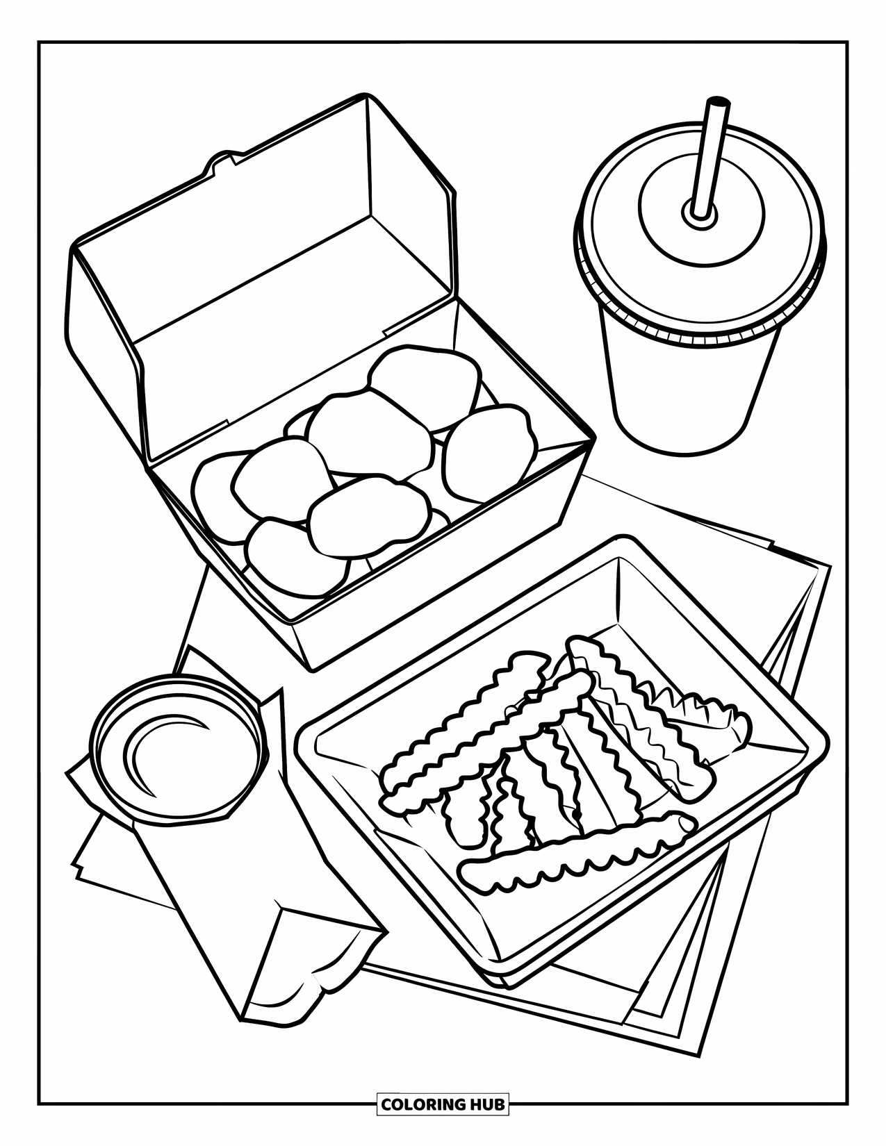 Chicken Nugget Coloring Page for Kids: A classic tray of nuggets, fries, sauce, and a drink with a straw