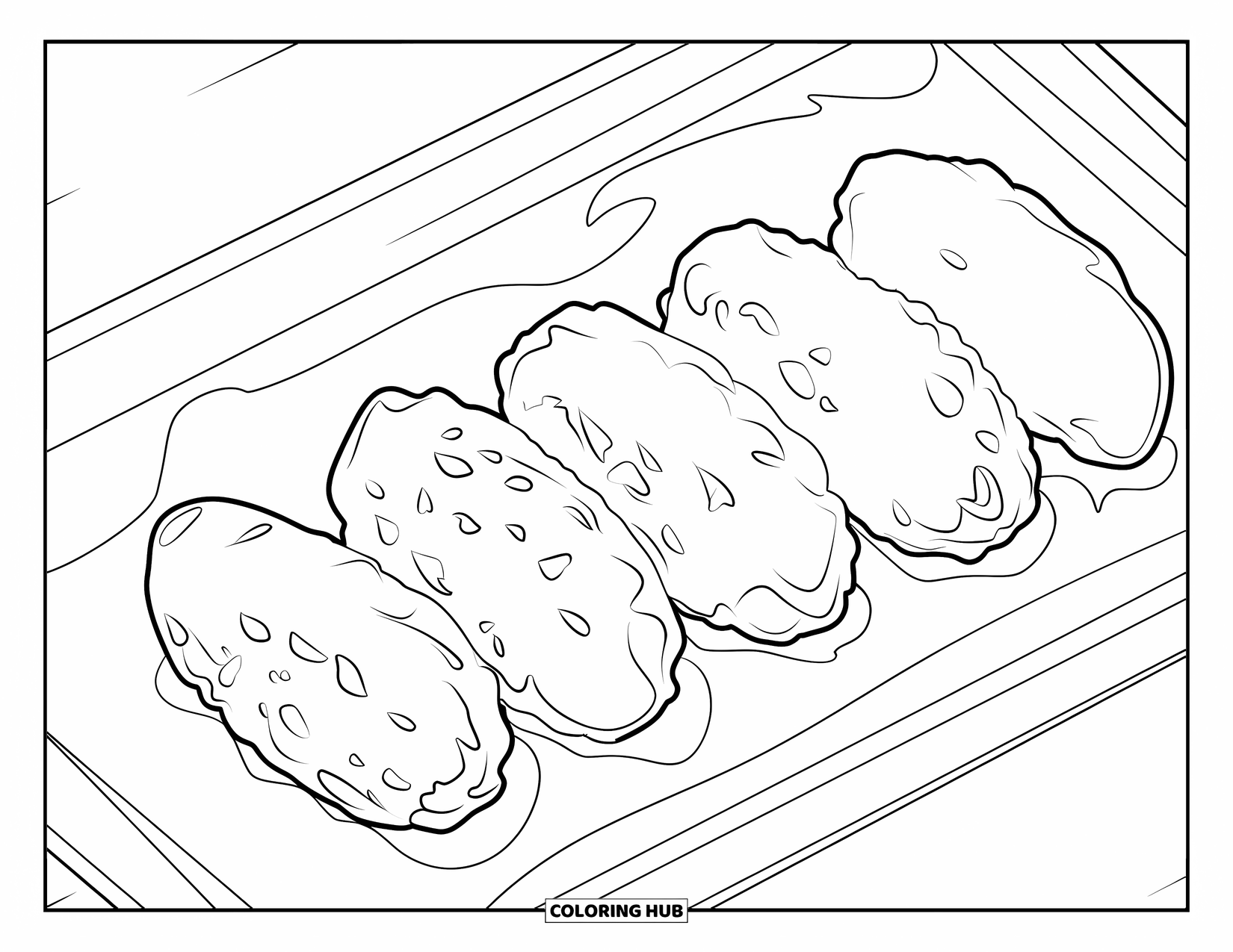 Chicken Nugget Coloring Page for Kids: A clean tray of four nuggets ready to enjoy with bold outlines