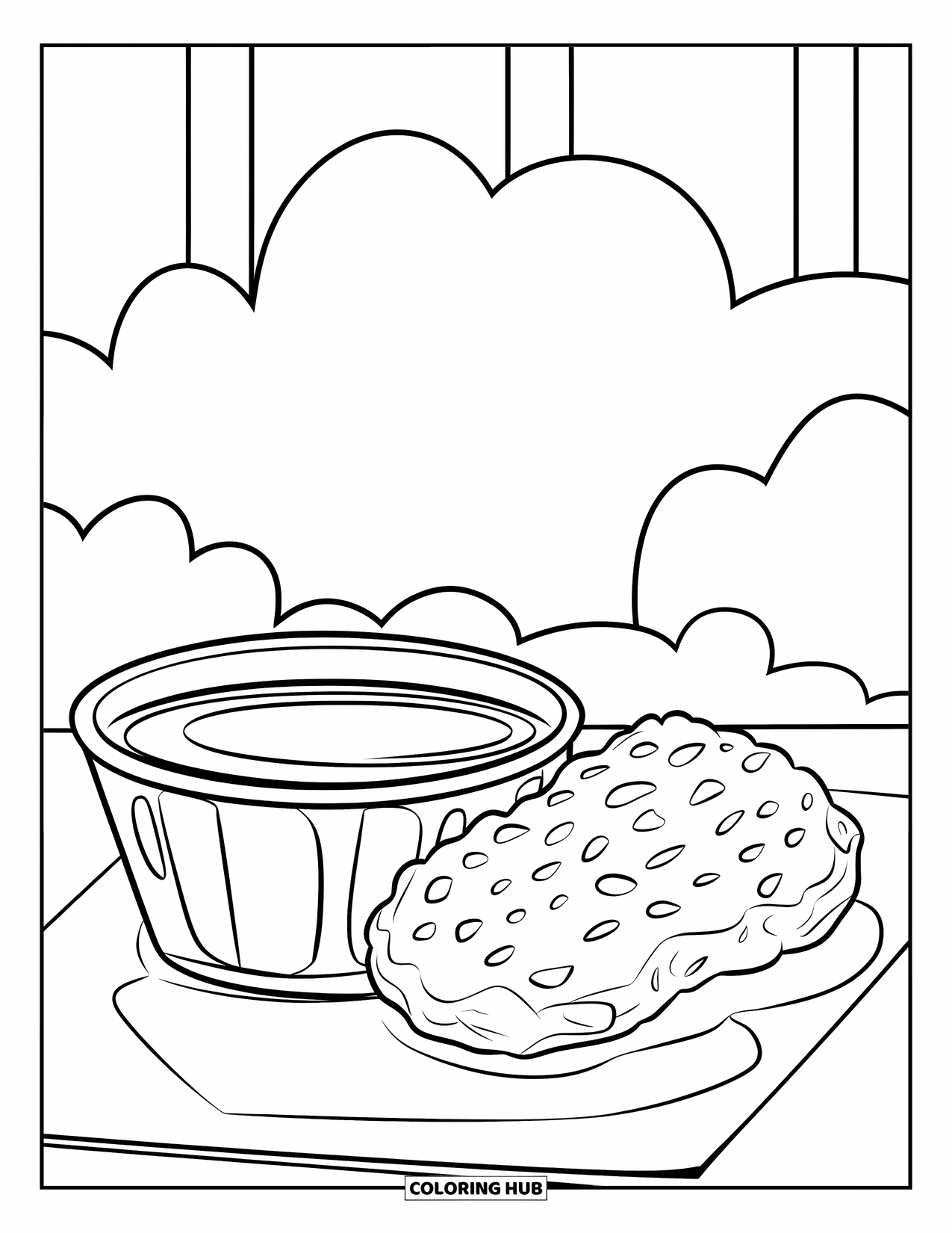 Chicken Nugget Coloring Page for Kids: A cute nugget beside a sauce cup with cheerful lines