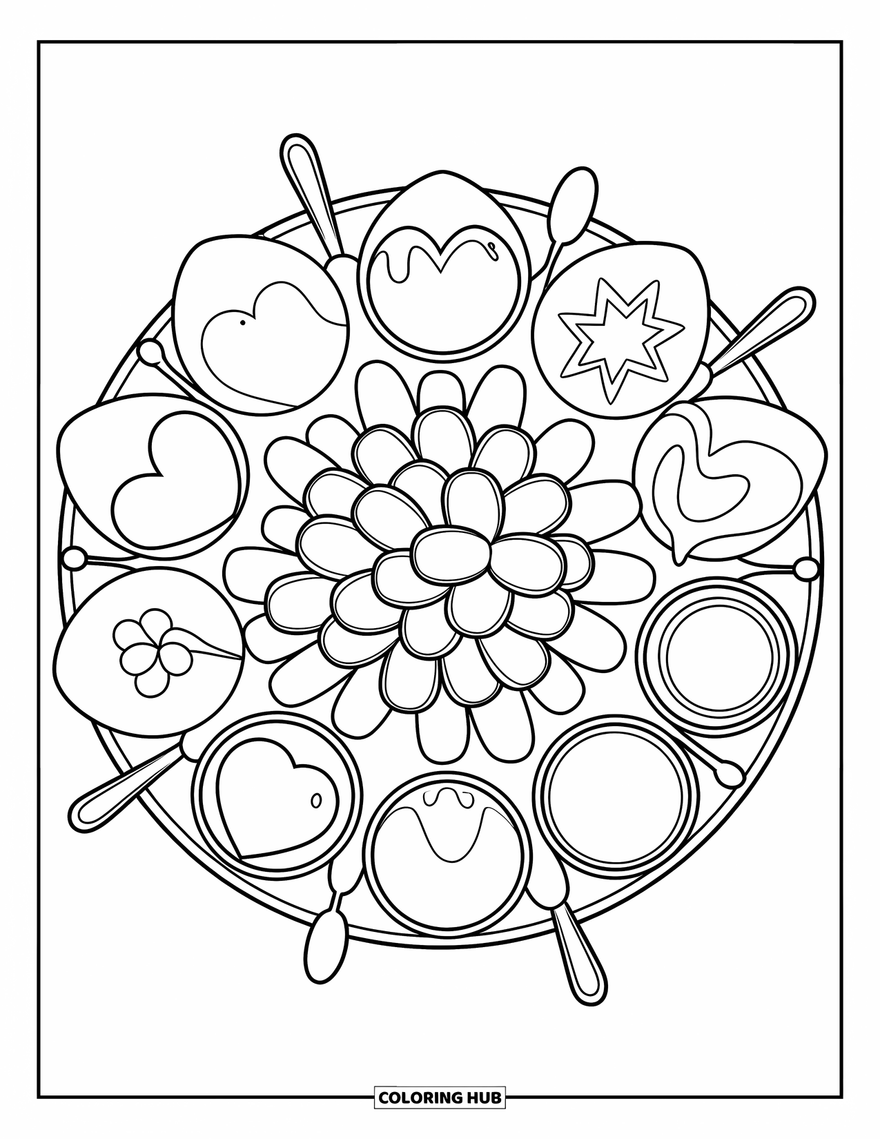 Chicken Nugget Coloring Page for Kids: A cute platter of nuggets with heart and star-shaped sauce cups