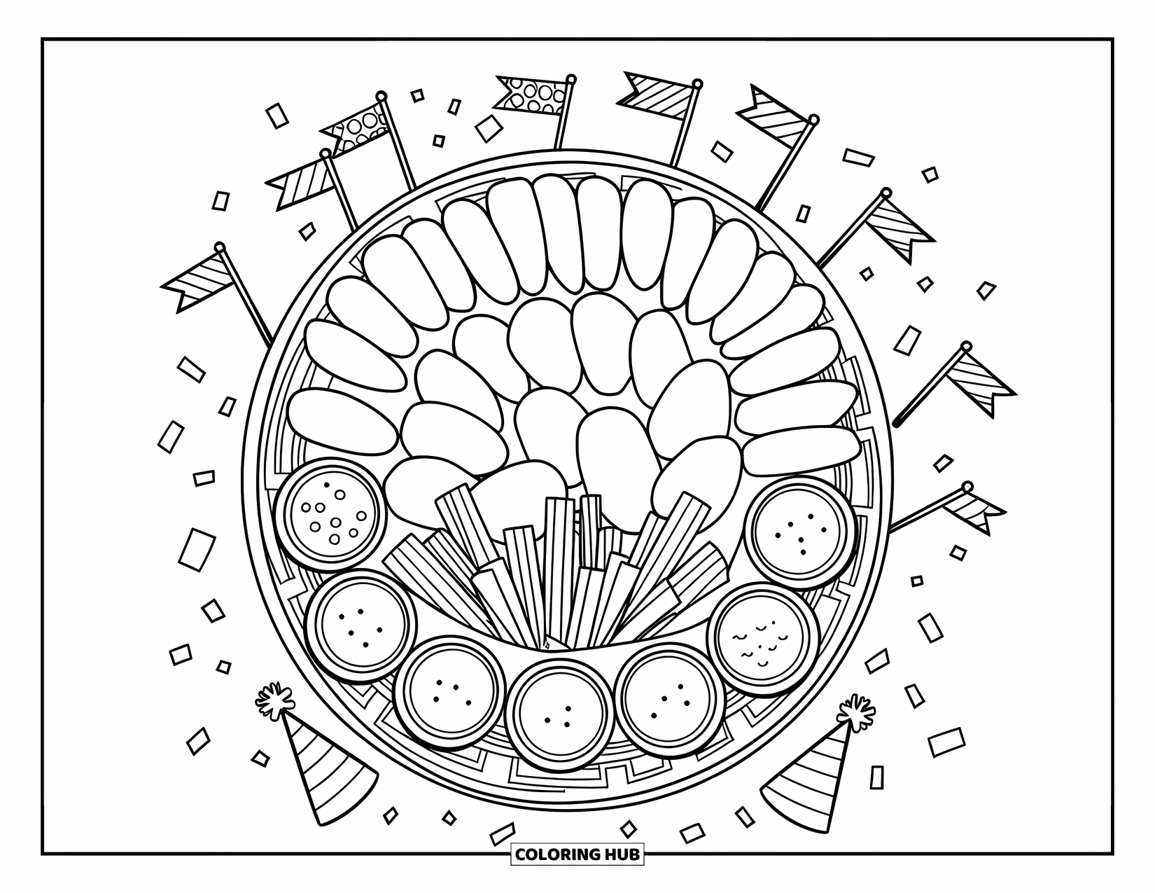 Chicken Nugget Coloring Page for Kids: A festive platter of nuggets, sauces, and veggie sticks with tiny flags