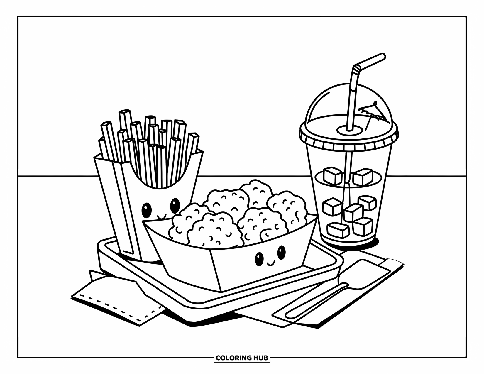 Chicken Nugget Coloring Page for Kids: A fun fast food combo with nuggets, fries, and a drink on a small tray