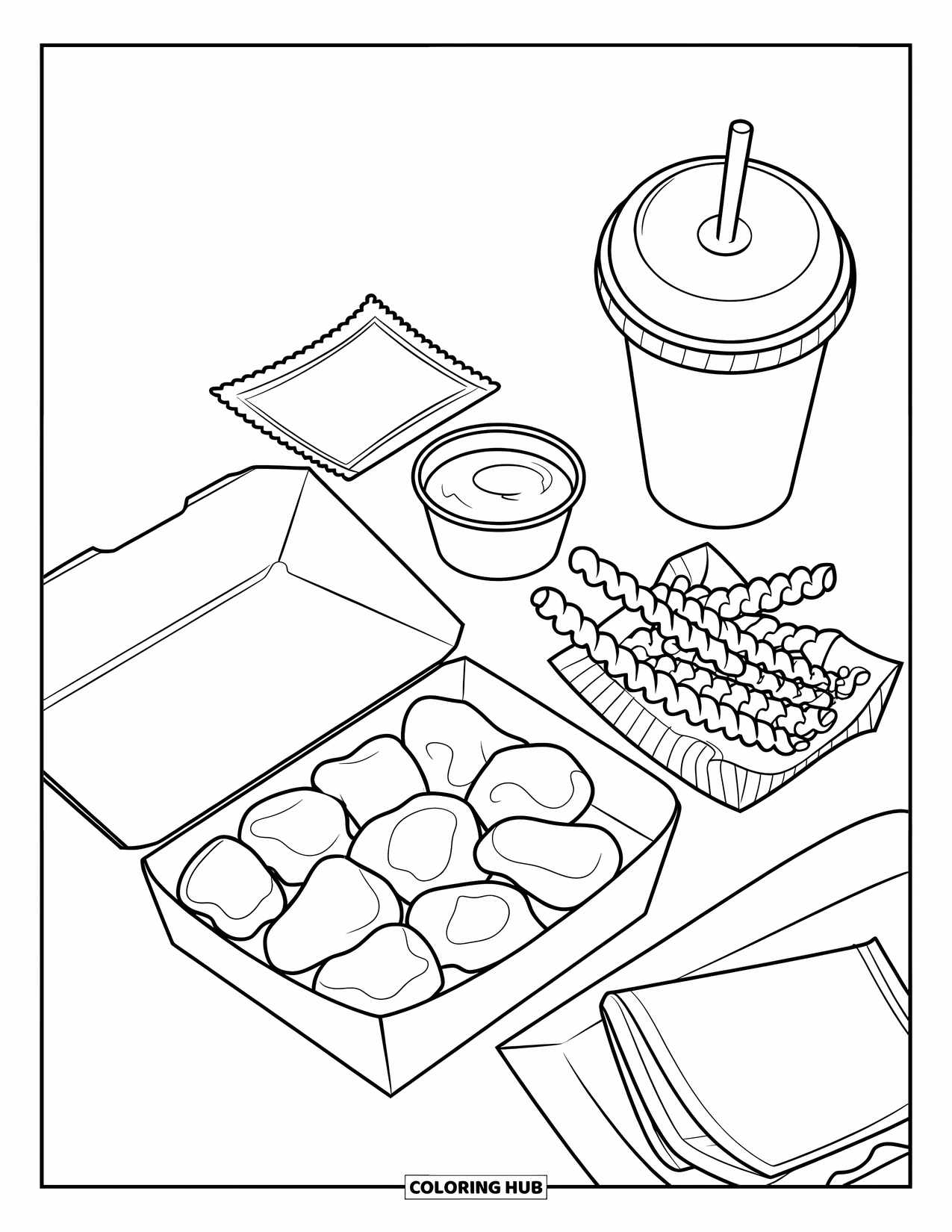 Chicken Nugget Coloring Page for Kids: A neatly arranged fast food meal with nuggets, fries, and a drink
