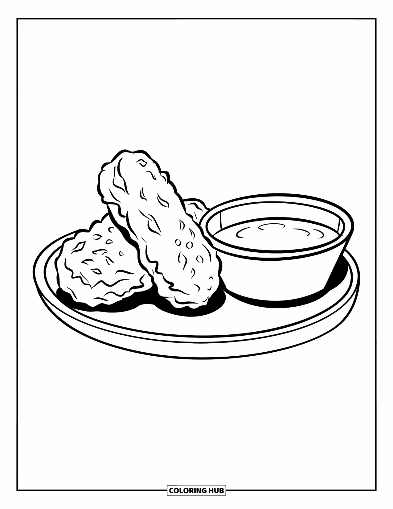 Chicken Nugget Coloring Page for Kids: A pair of nuggets with a dipping tray and soft outlines