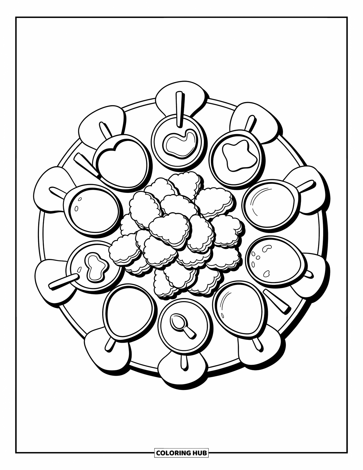 Chicken Nugget Coloring Page for Kids: A platter of dipping sauces surrounding a pile of chicken nuggets