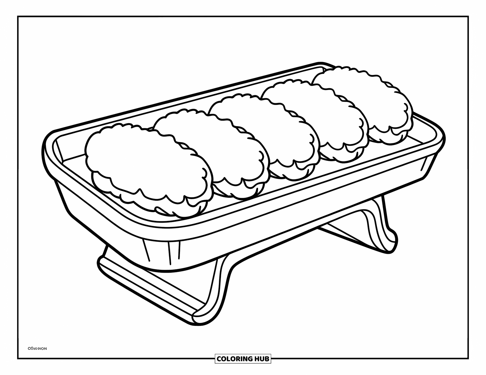 Chicken Nugget Coloring Page for Kids: A small tray with four nuggets and a drop of ketchup nearby