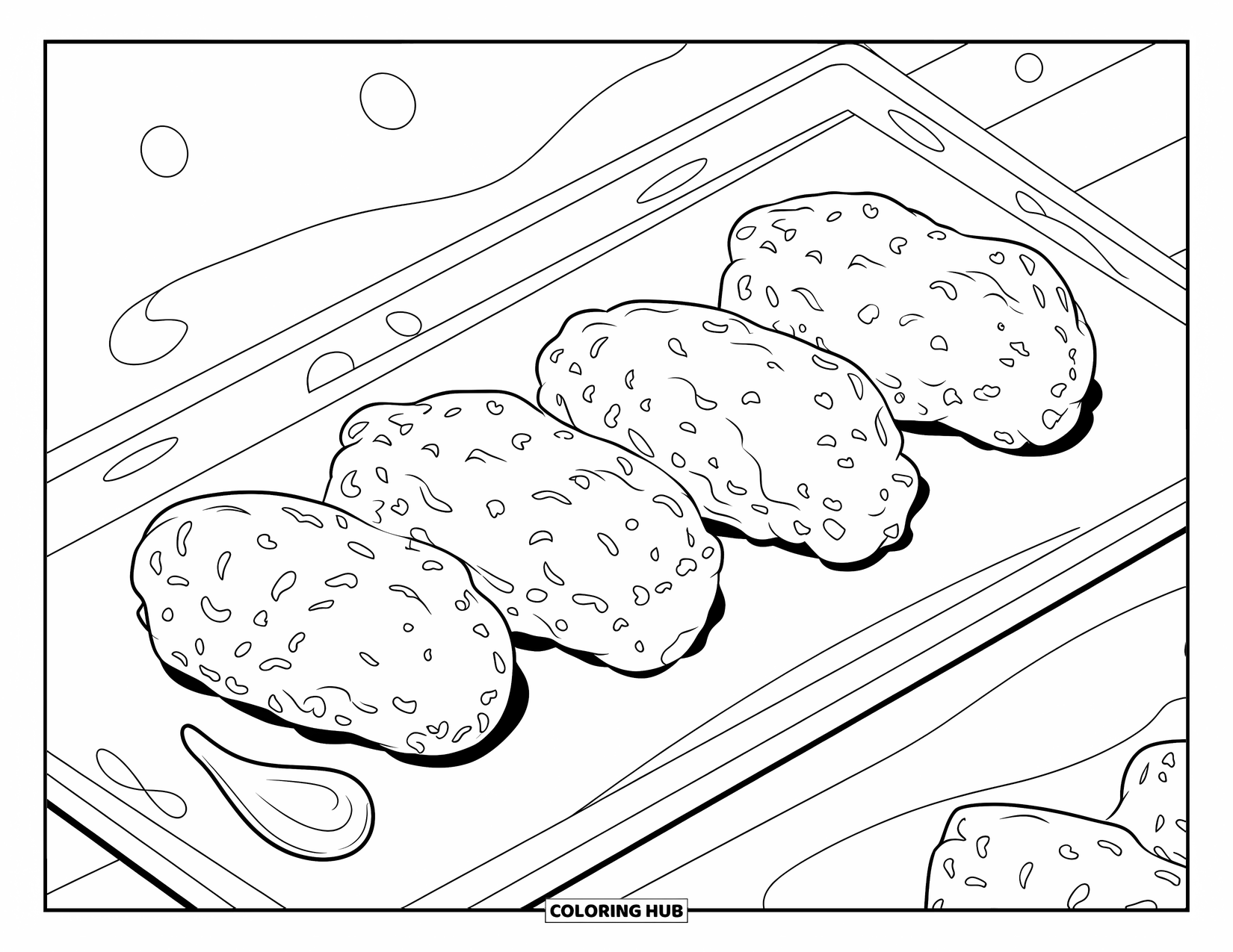 Chicken Nugget Coloring Page for Kids: Four nuggets arranged neatly on a tray with simple outlines