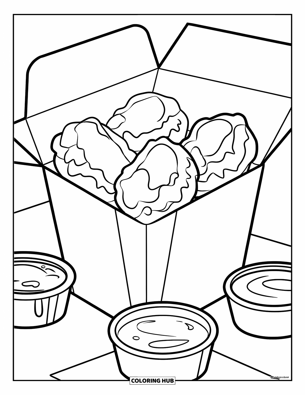 Chicken Nugget Coloring Page for Kids: Four nuggets with dipping sauces arranged neatly in a food box