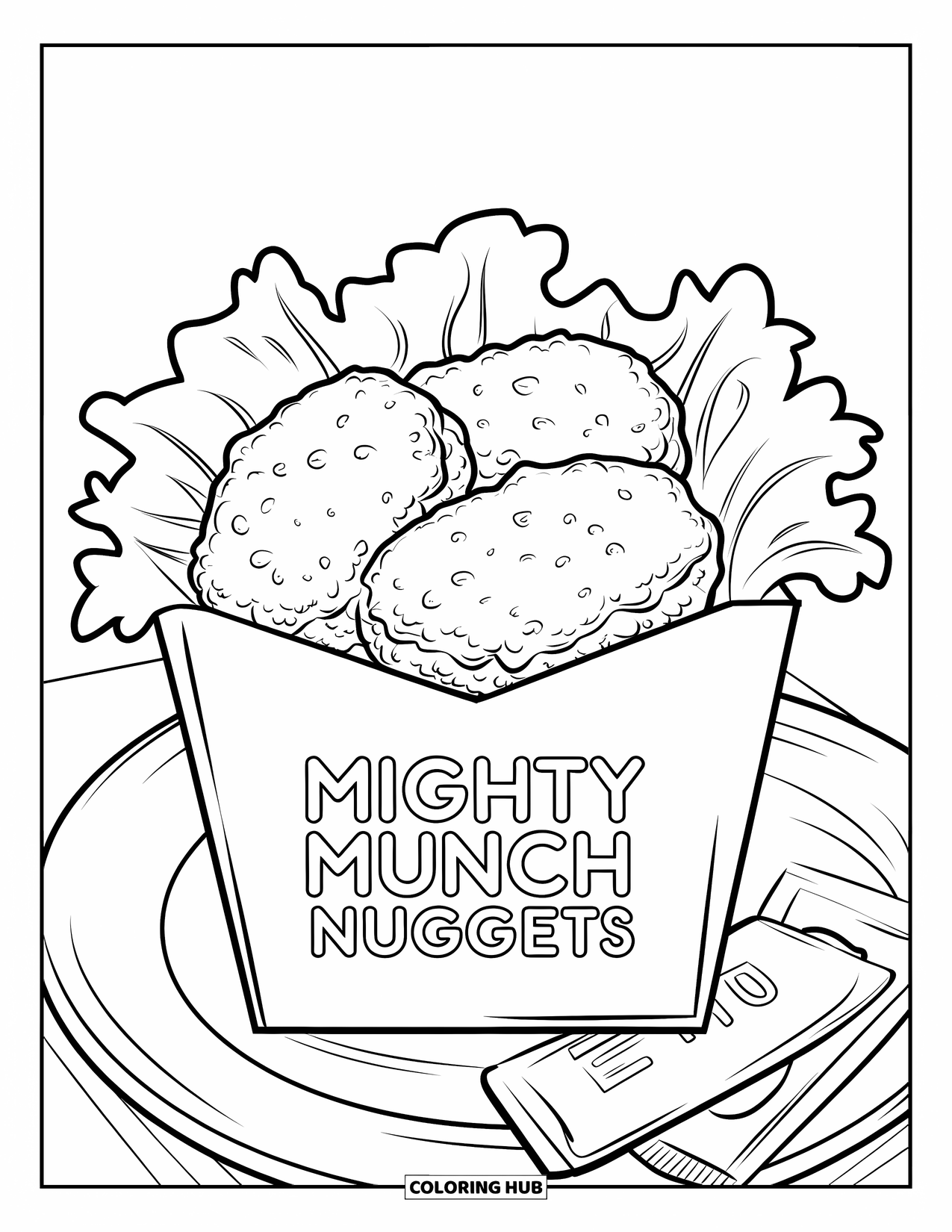 Chicken Nugget Coloring Page for Kids: Three nuggets on lettuce in a box with ketchup and mustard nearby