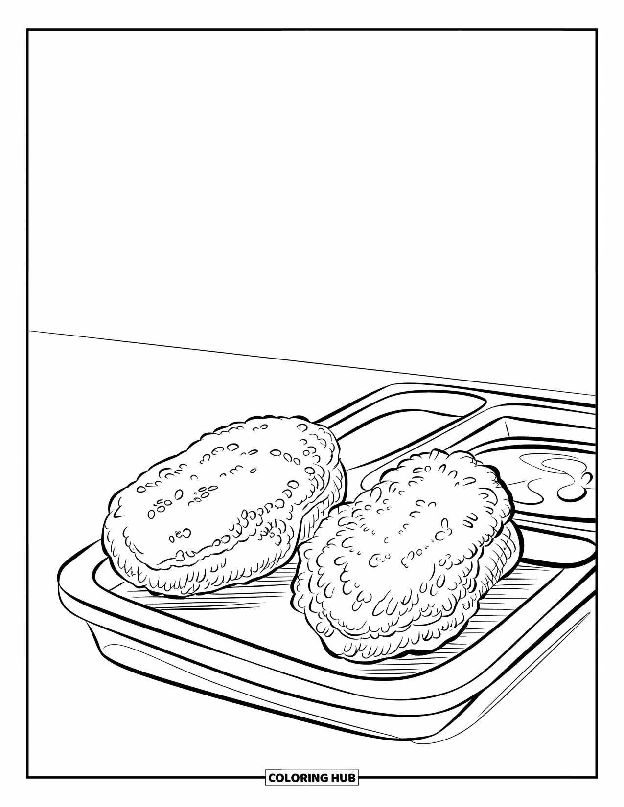Chicken Nugget Coloring Page for Kids: Two nuggets beside a dipping tray filled with tasty sauce