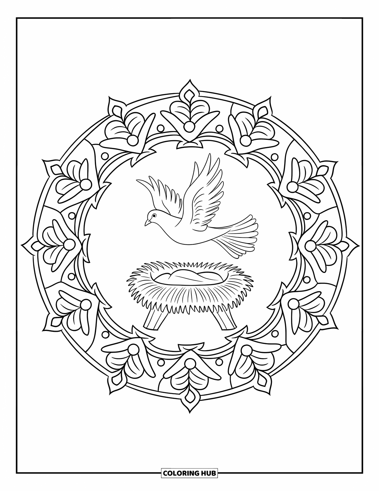Christian Christmas Coloring Page for Adults: A dove flies above a manger inside a floral mandala with a white background