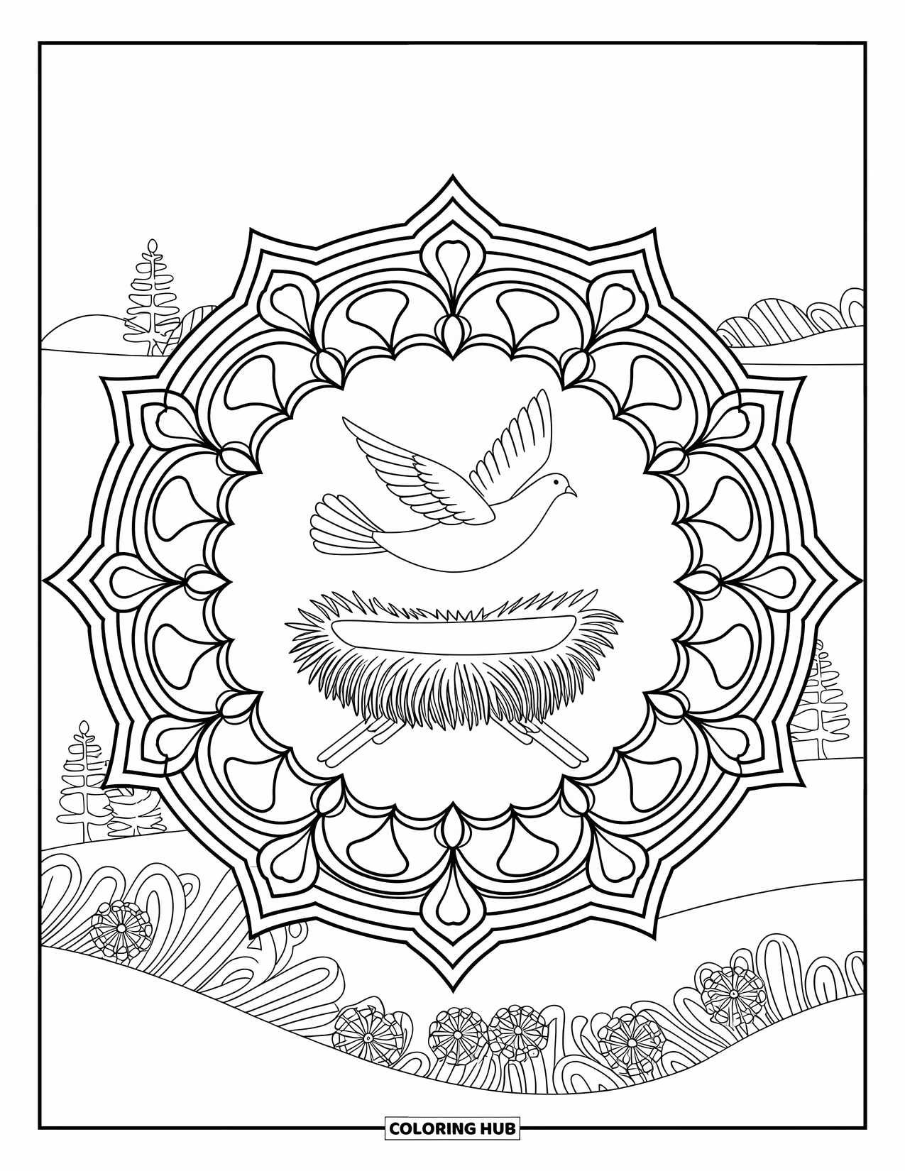 Christian Christmas Coloring Page for Adults: A dove soars above a manger framed by a floral mandala and peaceful scenery