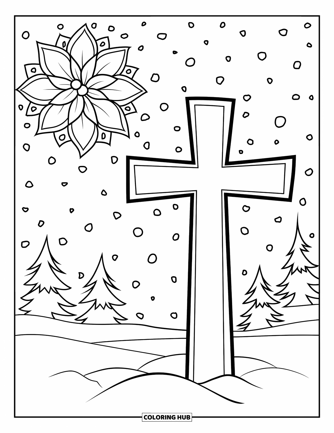 Christian Christmas Coloring Page for Adults: A snowy cross stands beside a poinsettia mandala in a Christmas forest scene