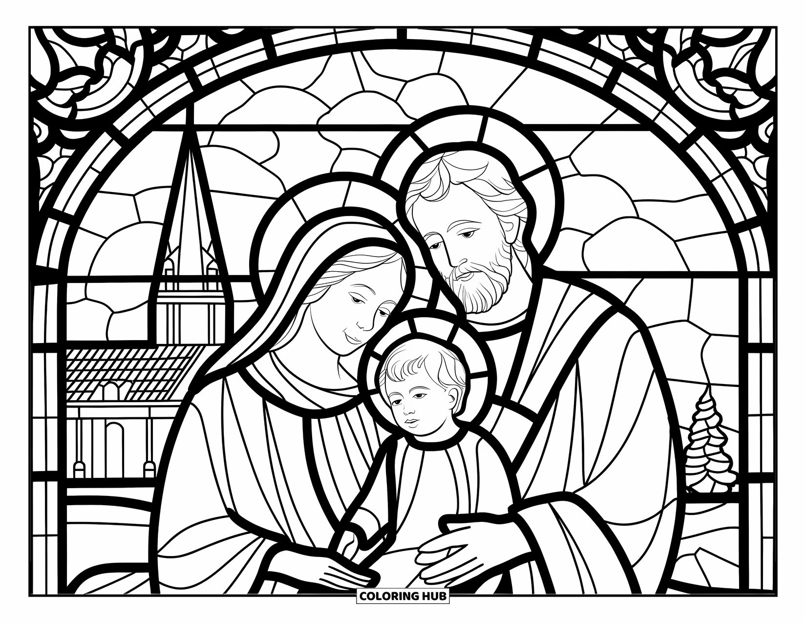 Christian Christmas Coloring Page for Adults: A stained glass panel shows the Holy Family with a steepled church in the background