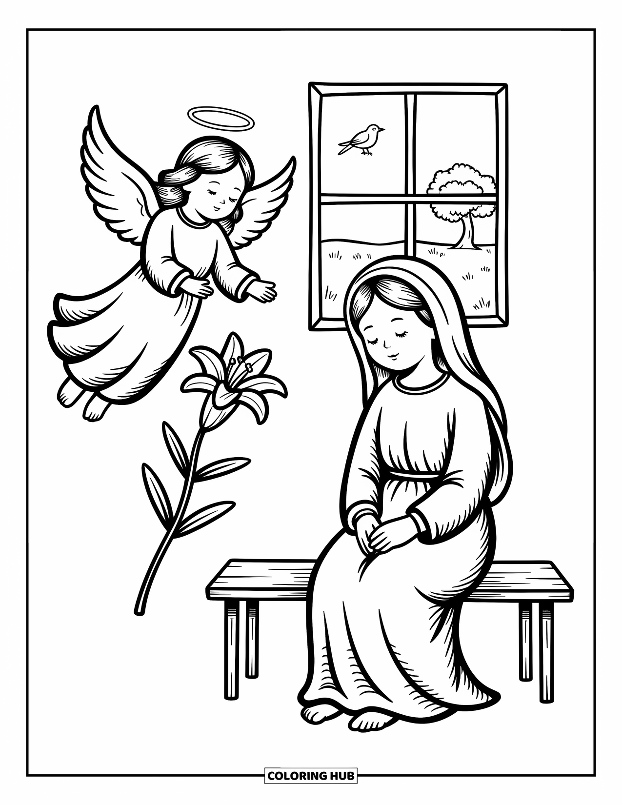 Christian Christmas Coloring Page for Adults: An angel holding a lily greets Mary, with a tree and bird outside the window