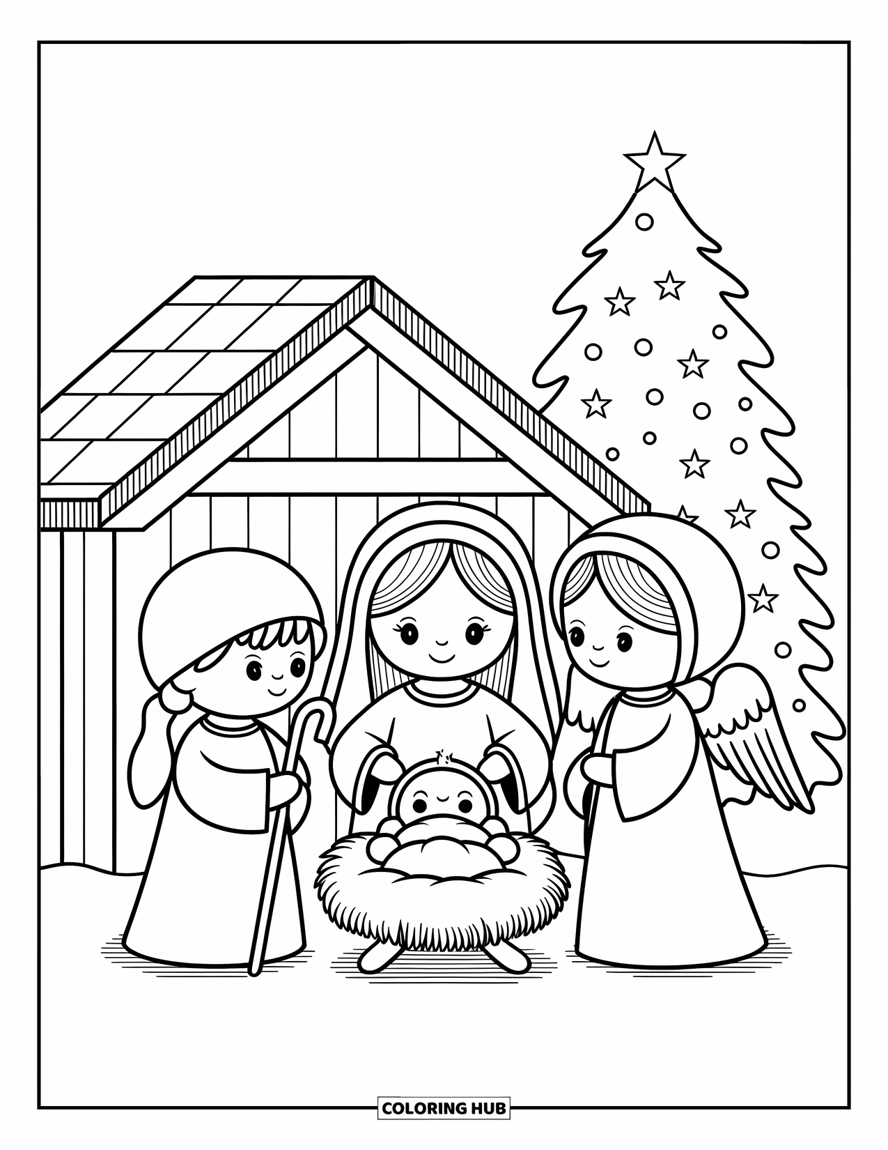 Christian Christmas Coloring Page for Adults: Children in costume joyfully perform a Nativity play with warm Christmas details