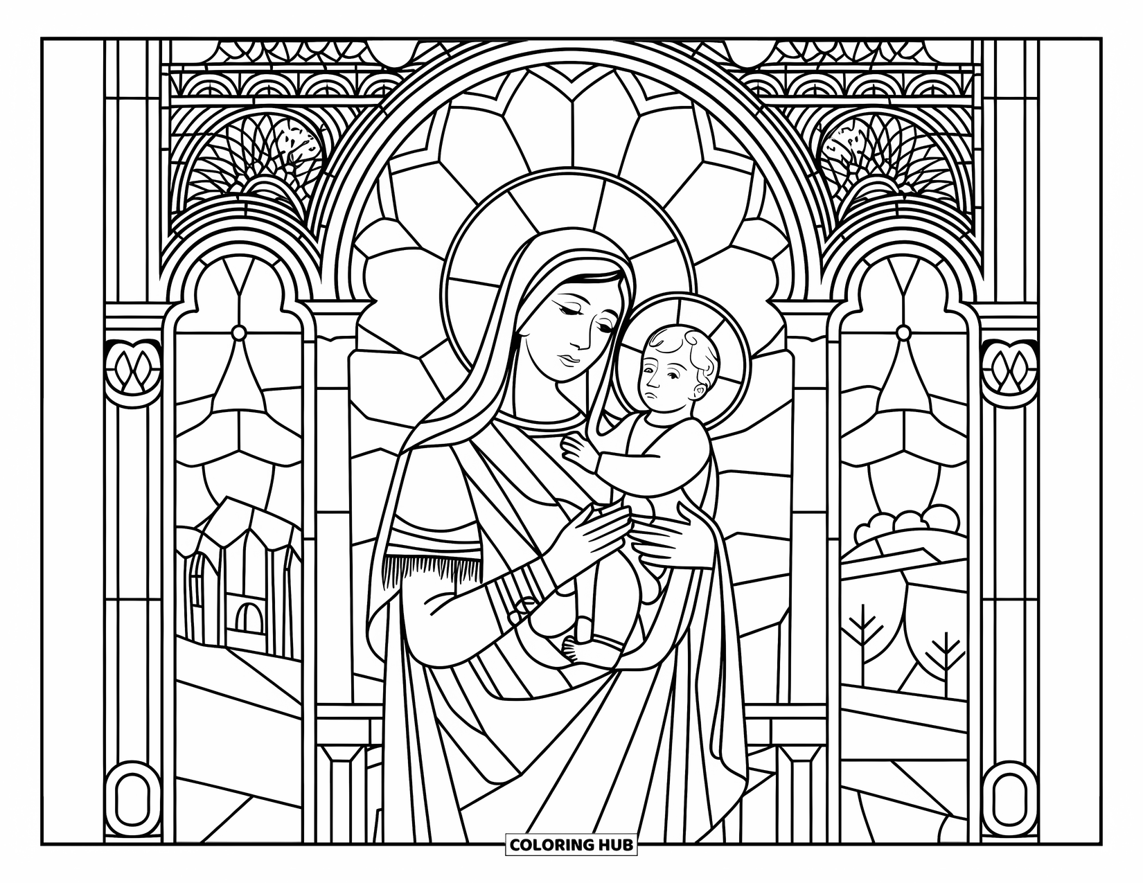 Christian Christmas Coloring Page for Adults: Mary and Jesus are framed by stained glass with a peaceful landscape in the background