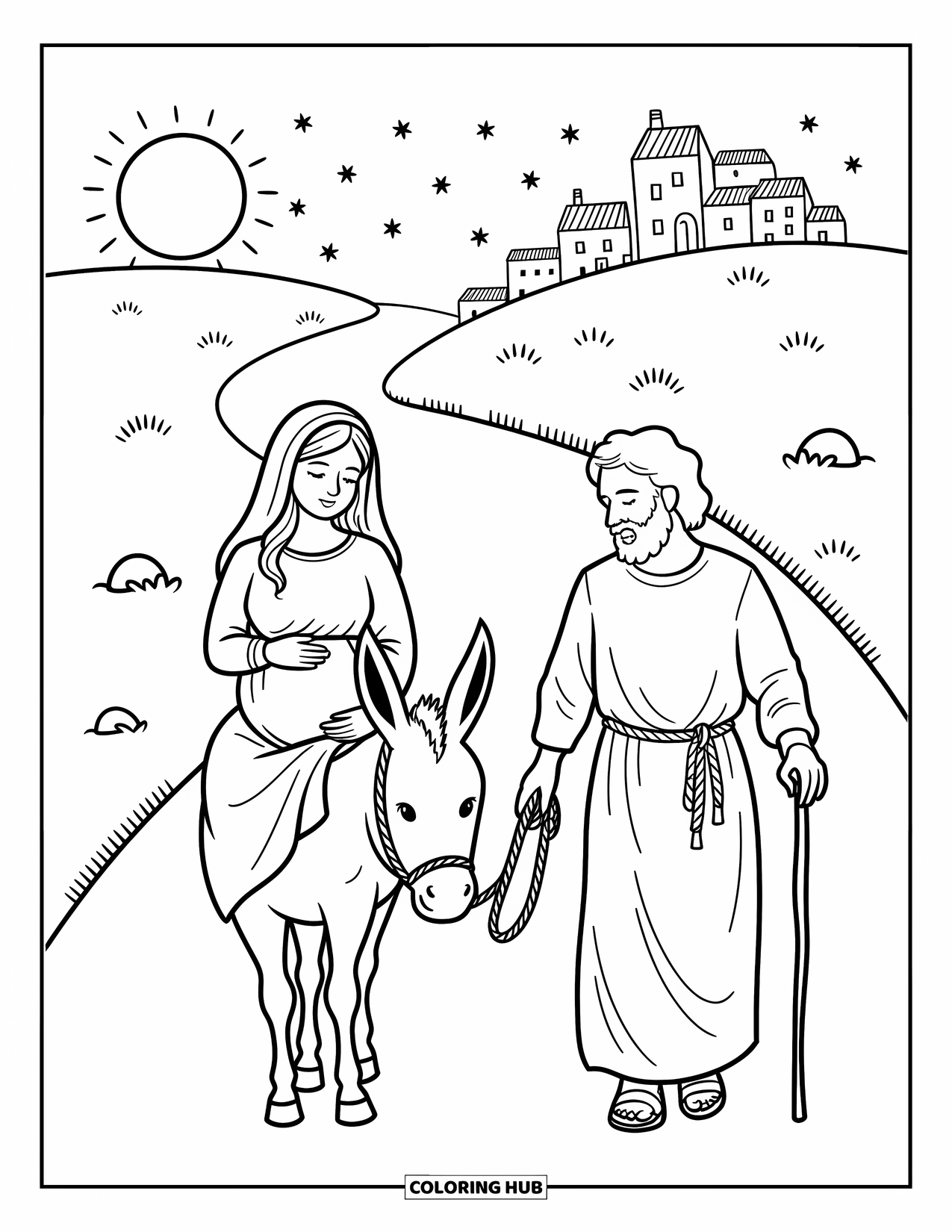 Christian Christmas Coloring Page for Adults: Mary and Joseph journey along a quiet road toward distant lights and hills
