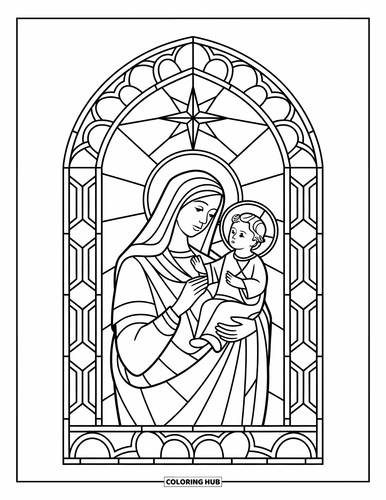 Christian Christmas Coloring Page for Adults: Mary holds Jesus in a stained glass arch with a glowing star above them