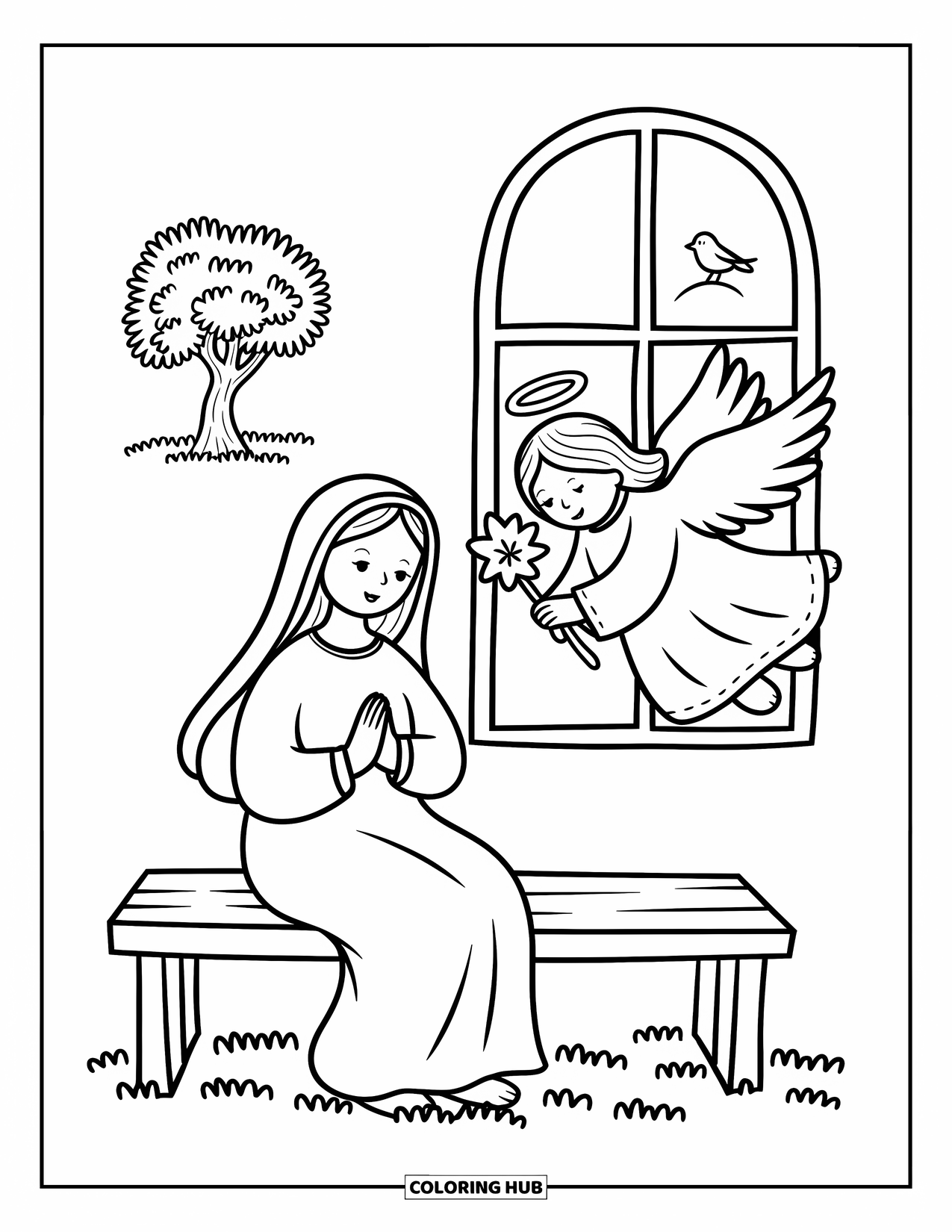 Christian Christmas Coloring Page for Adults: Mary looks up at an angel holding a lily, framed by a tree and bird